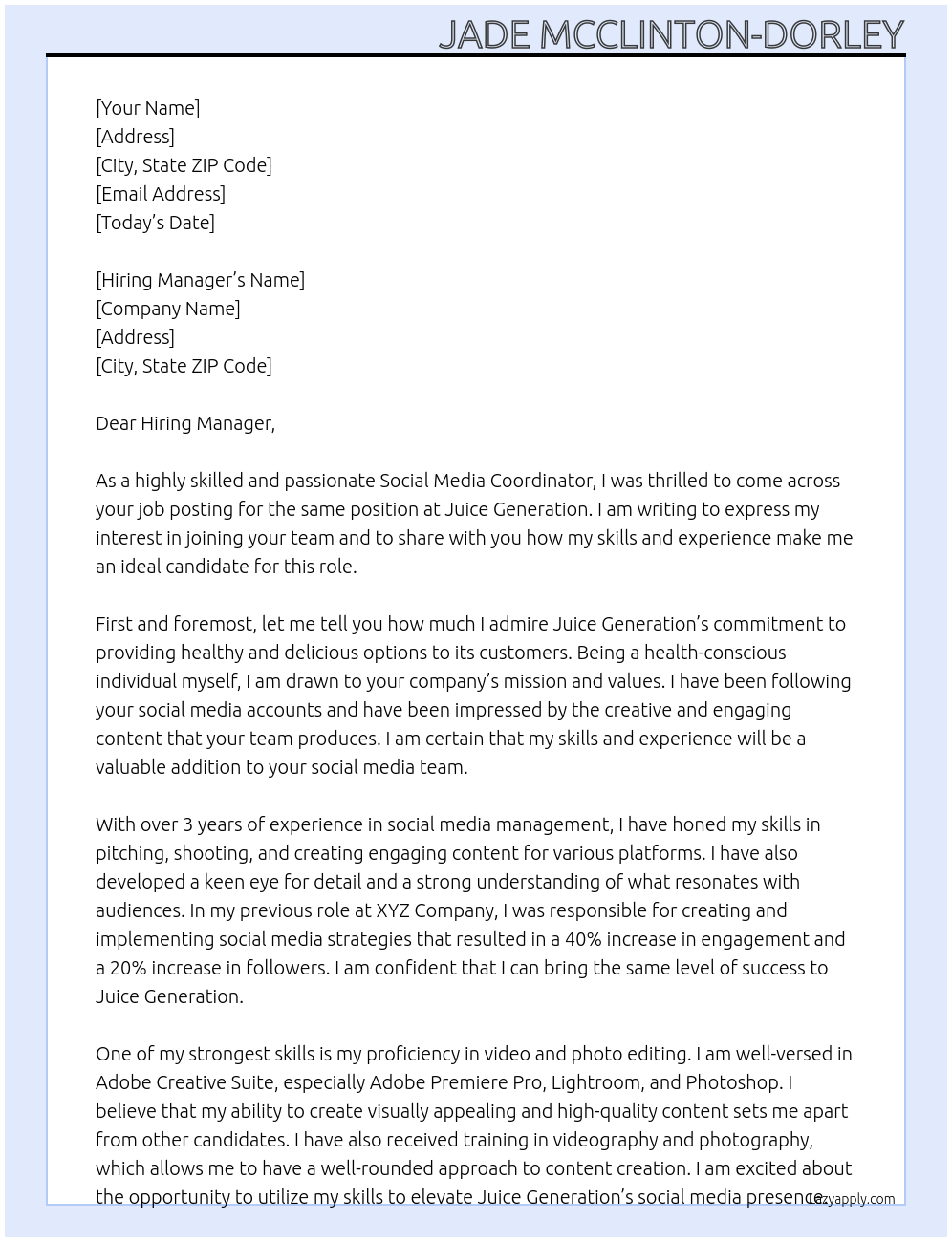 Social Media Coordinator At Juice Generation  Cover Letter