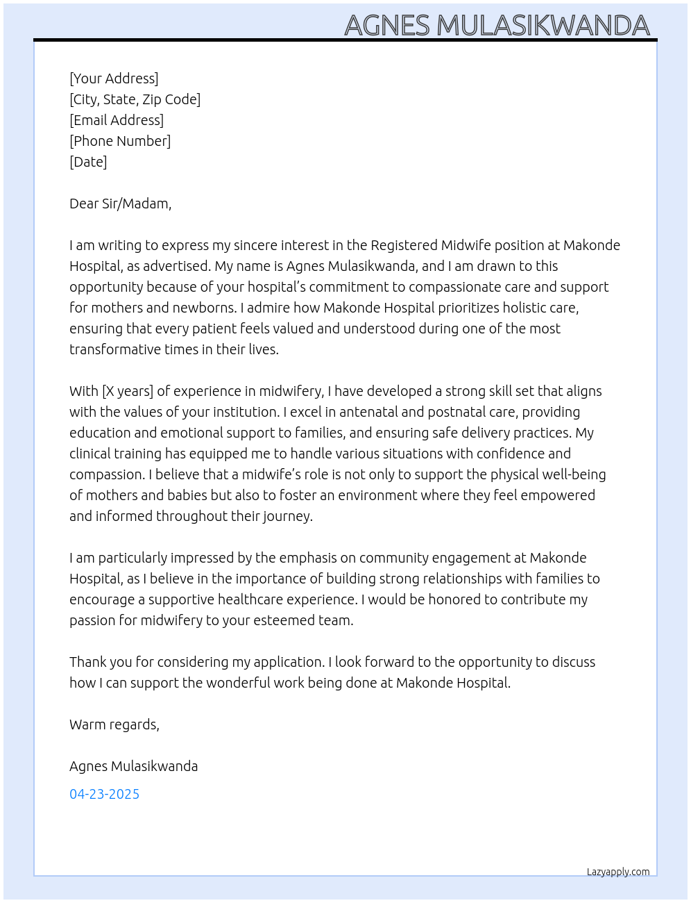 Registered midwife  At Makondehospital Cover Letter