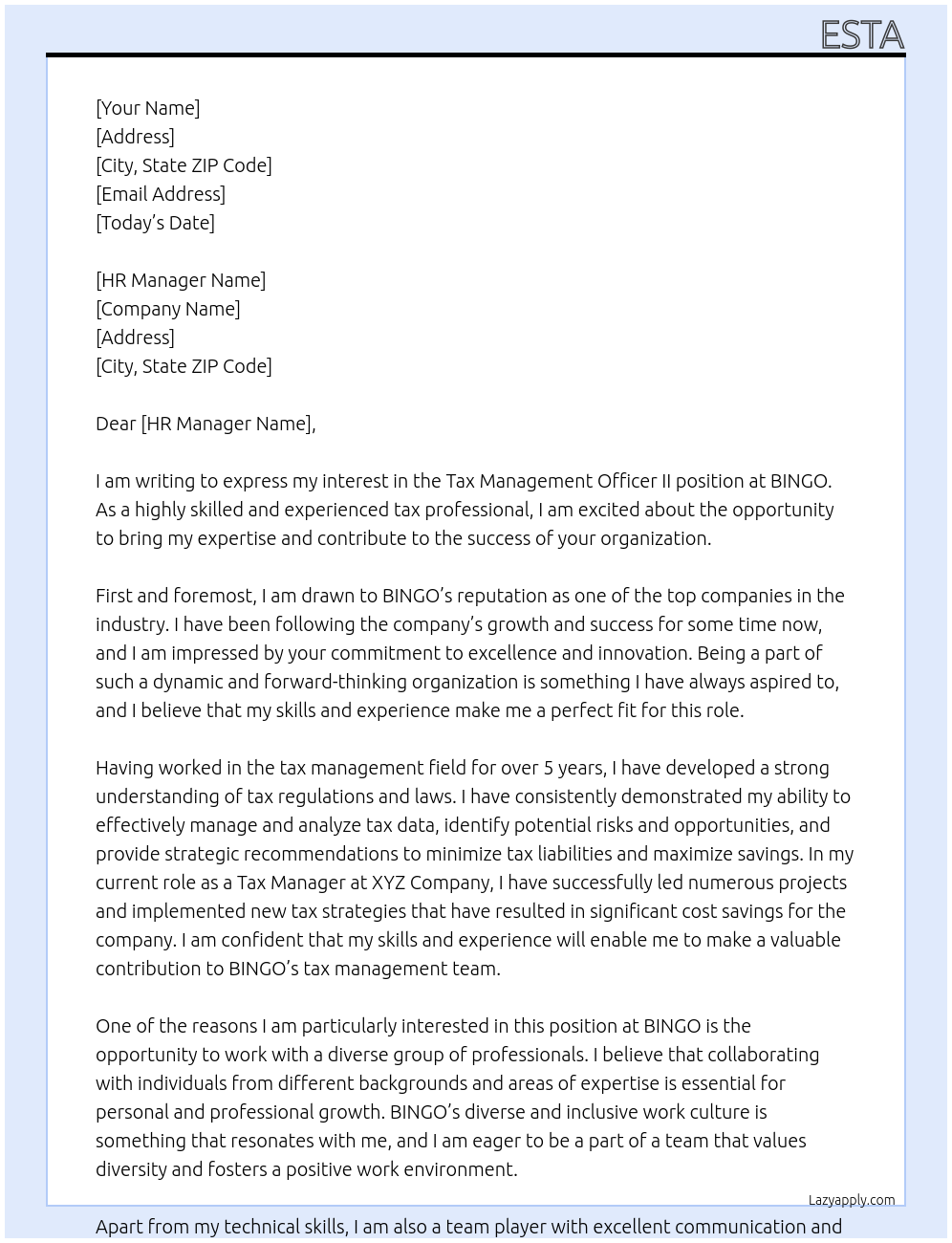 Tax management officer II At BINGO Cover Letter