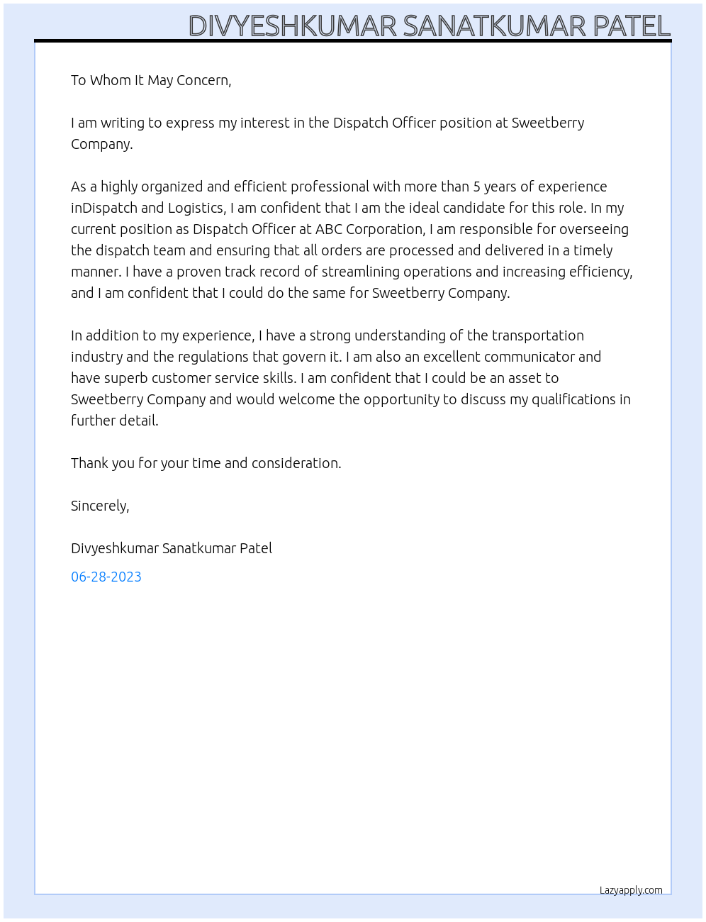 DISPATCH OFFICER At SWEETBERRY COMPANY Cover Letter