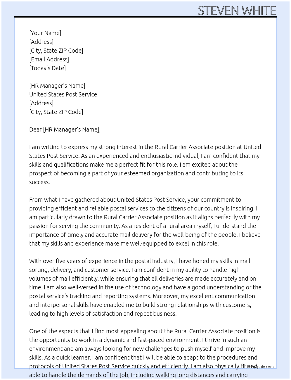 Rural Carrier Associate At United States Post Service Cover Letter