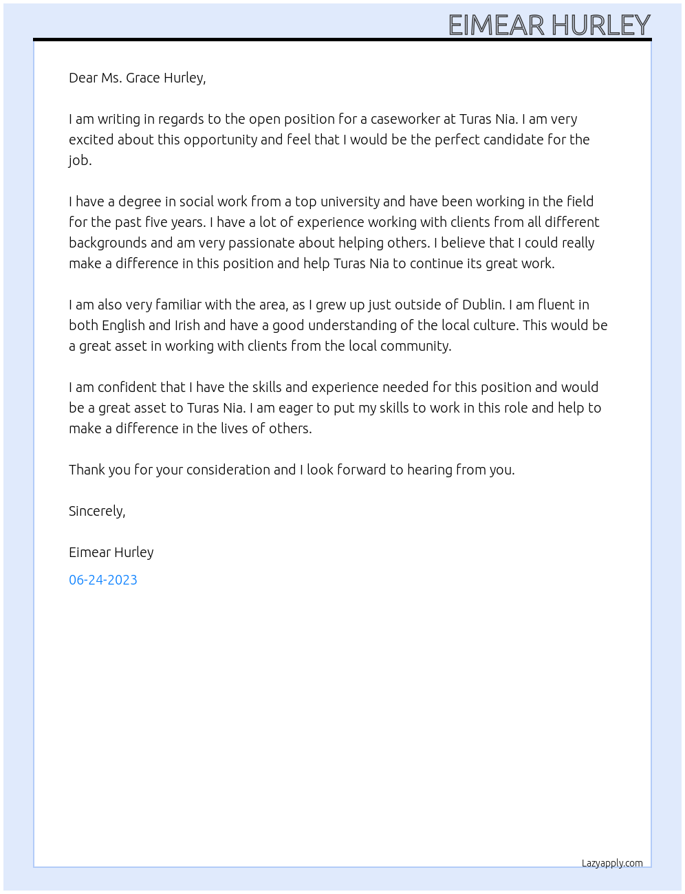 Caseworker  At Turas Nia Cover Letter