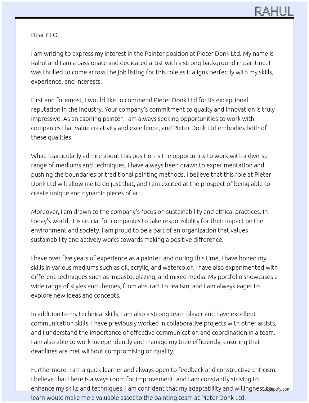 Painter At Pieter donk Ltd Cover Letter