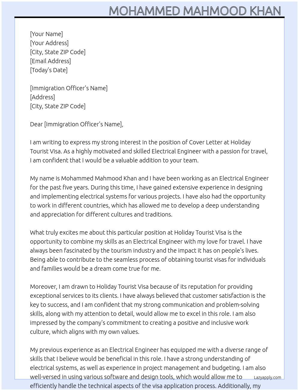 Cover letter At Holiday tourist visa Cover Letter