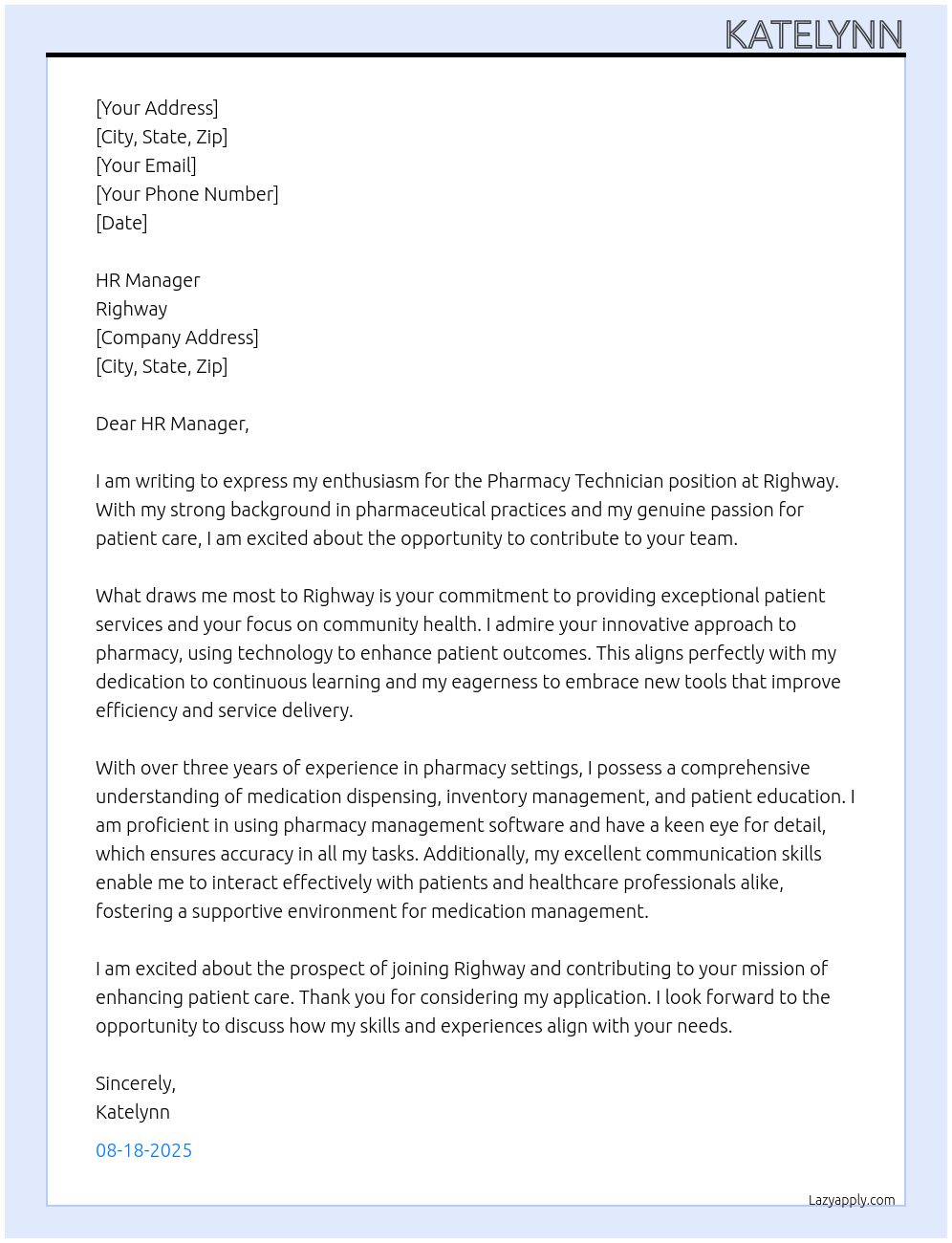 Pharmacy Technician At Righway Cover Letter