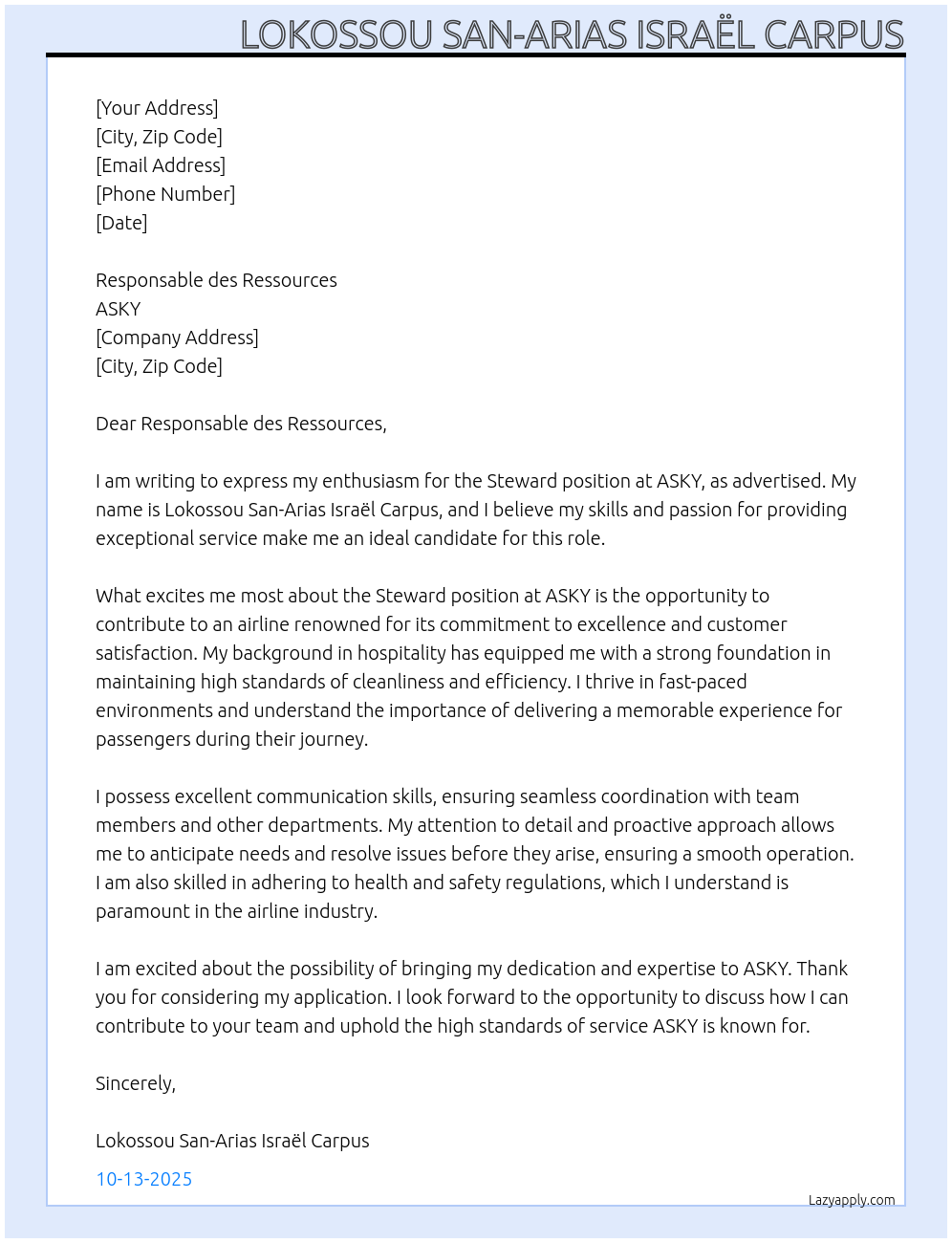 Cover letter for steward - LazyApply