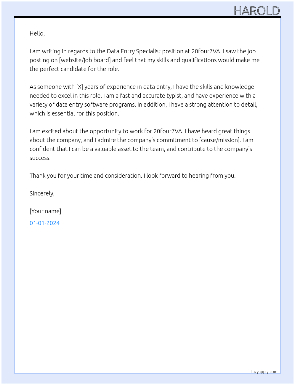 data entry specialist At 20four7VA Cover Letter