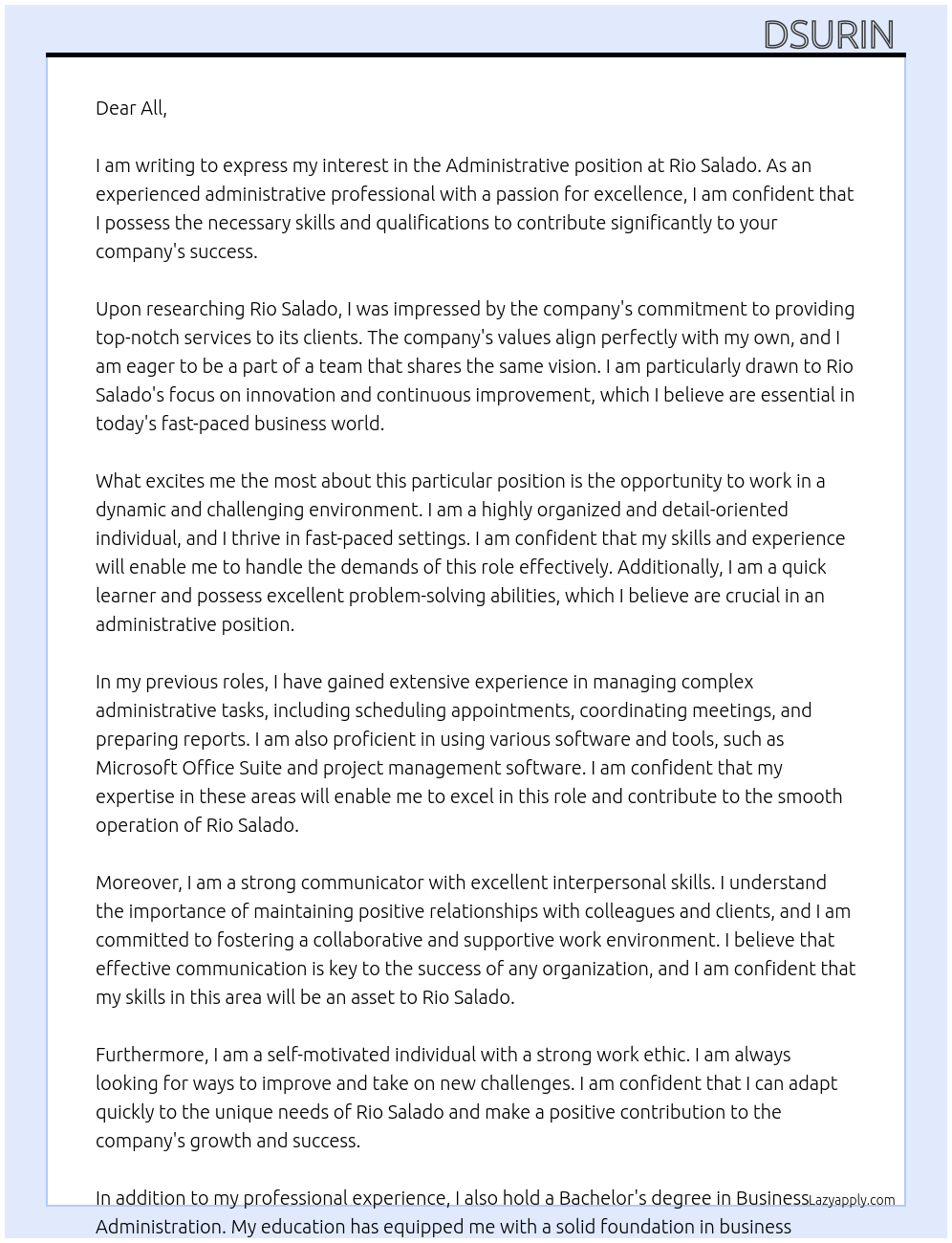 Administrative  At Rio Salado  Cover Letter