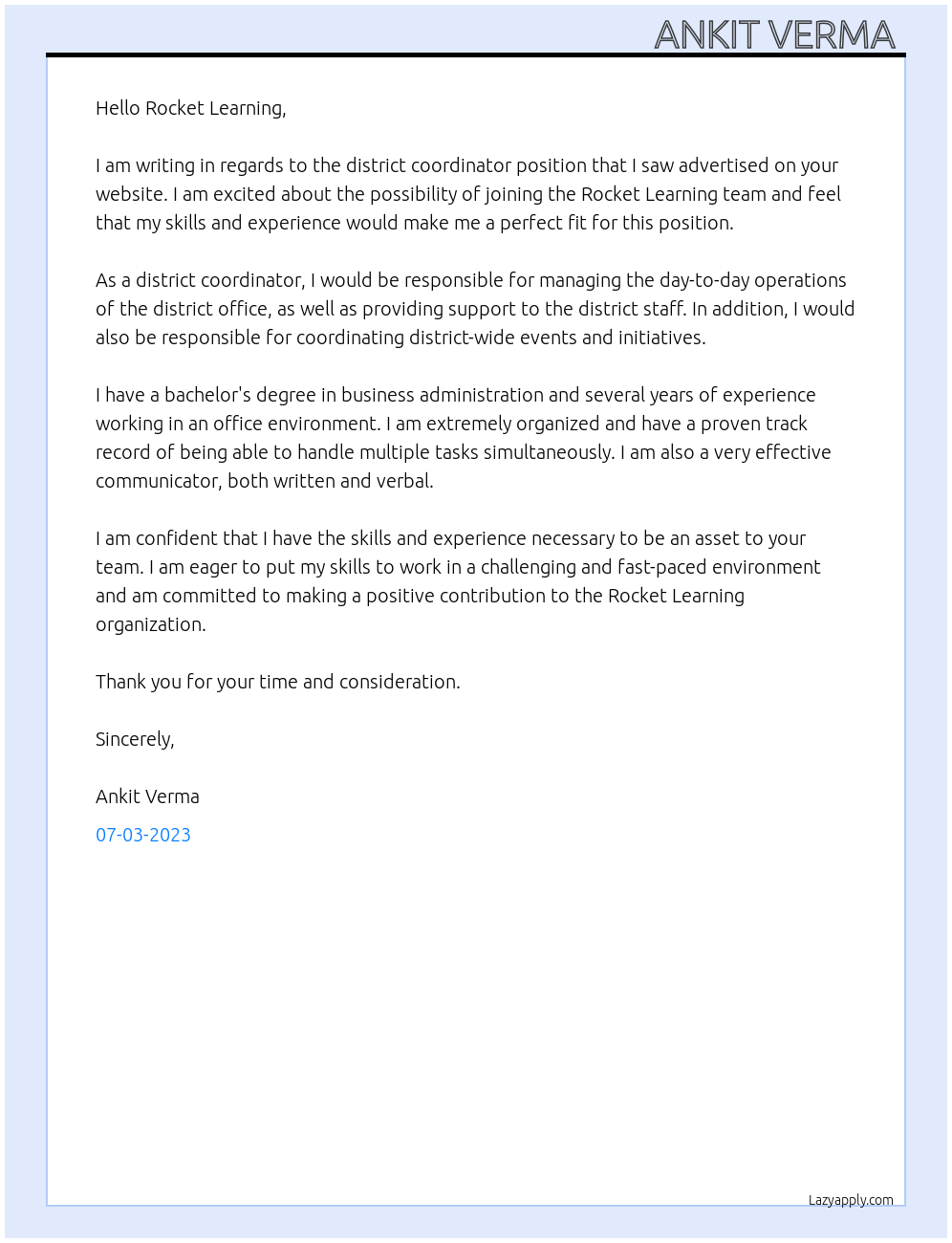 District Coordinator At Rocket Learning Cover Letter