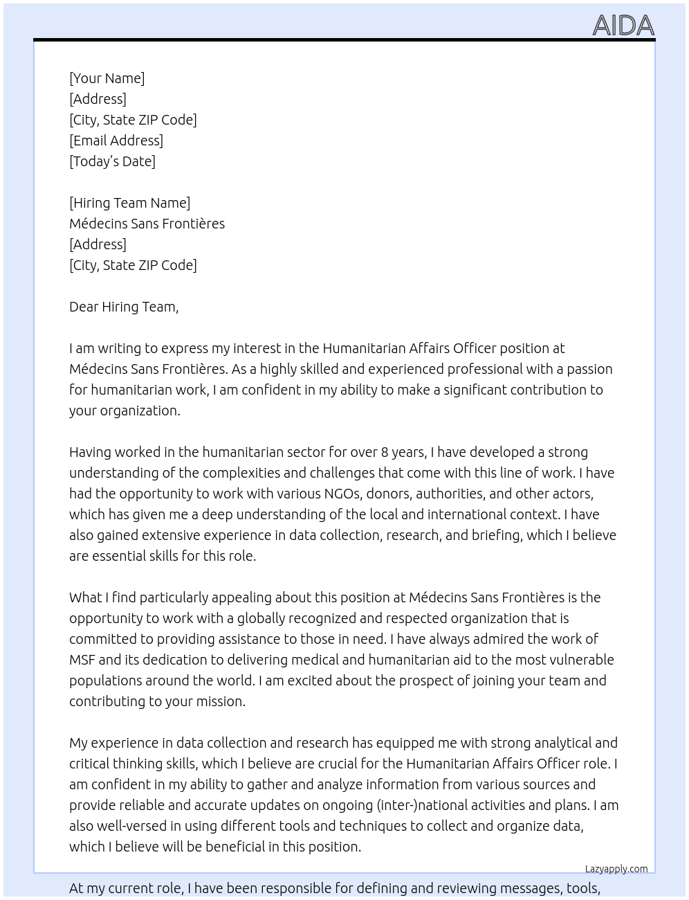 Humanitarian Affairs Officer At Médecins Sans Frontières Cover Letter