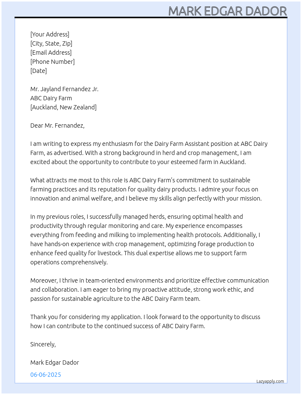 dairy farm assistant At ABC Dairy Farm Cover Letter