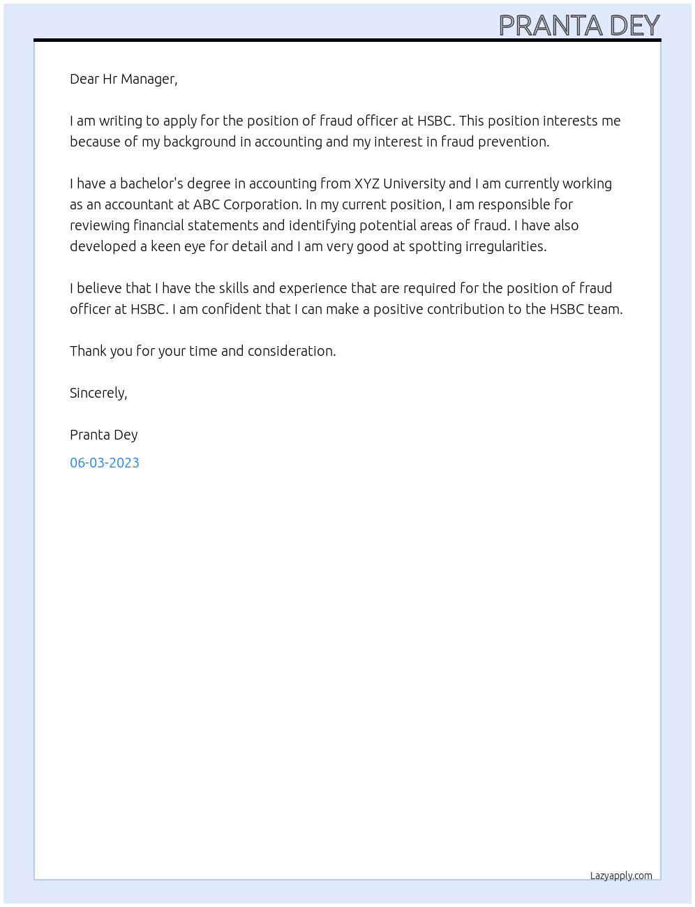 fraud officer At HSBC Cover Letter