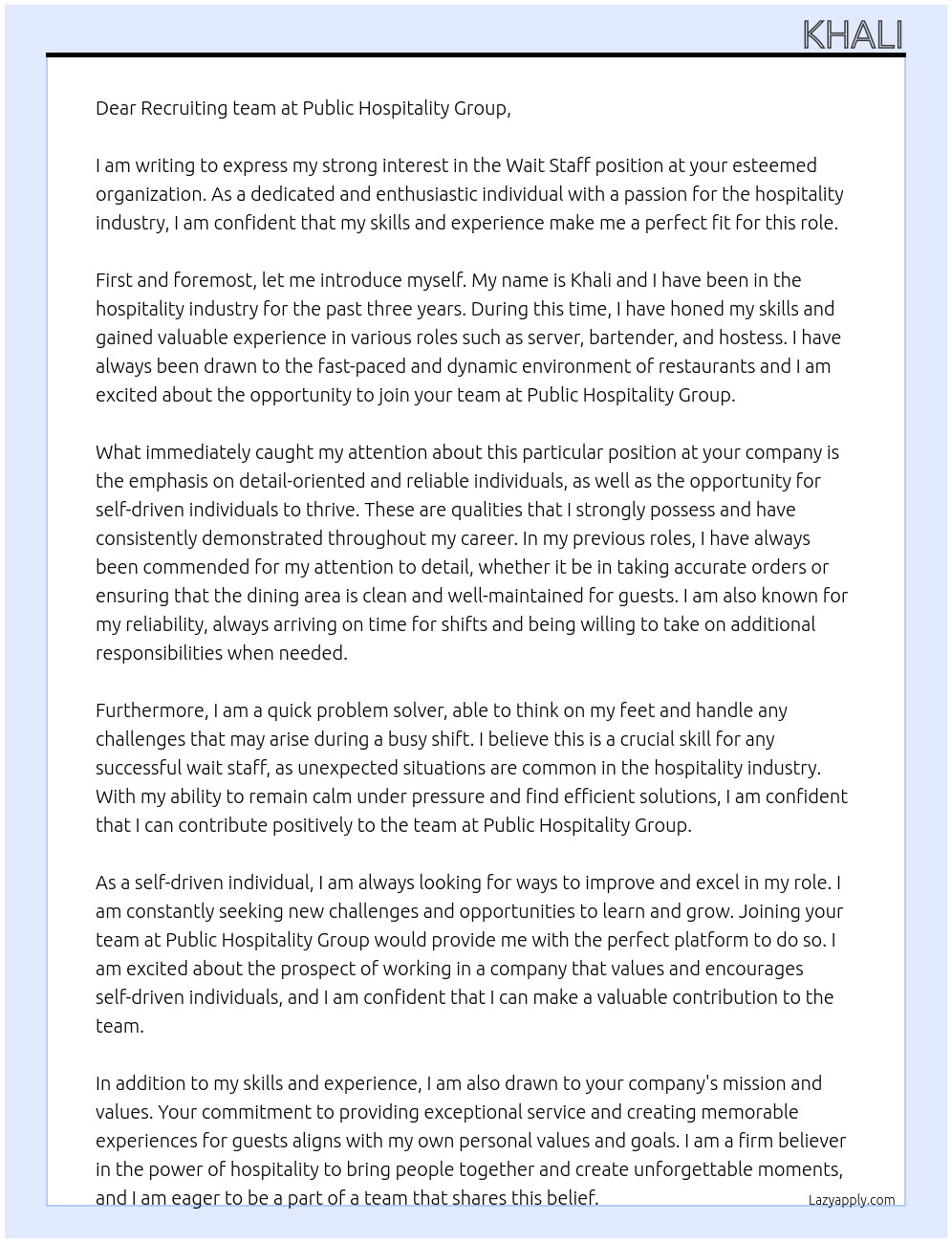 Wait staff At Public Hospitality Group Cover Letter