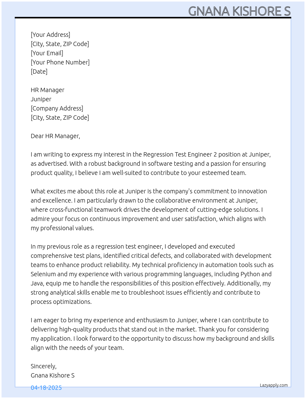 Cover letter for regression test engineer 2 - LazyApply
