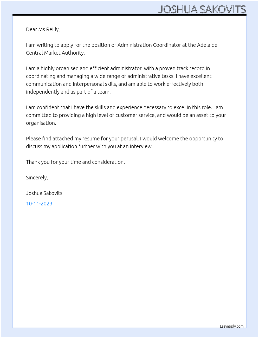 Administration Coordinator At Adelaide Central Market Authority Cover Letter