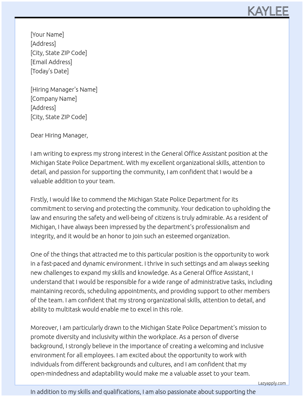 General Office Assistant At Michigan State Police Department Cover Letter