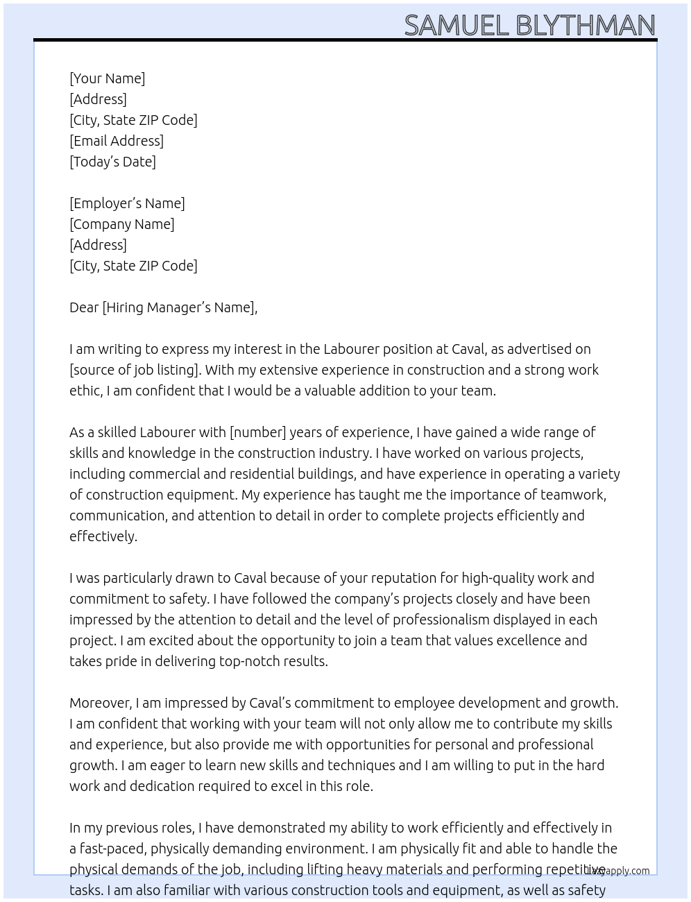 Labourer At Caval Cover Letter