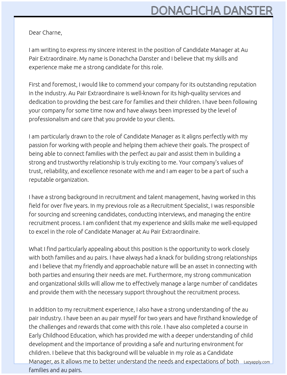 Candidate Manager At Au Pair Extraordinaire Cover Letter