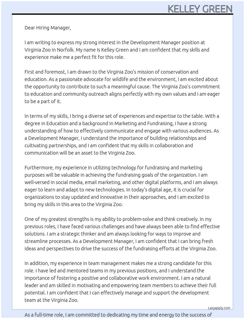 Development Manager At Virginia Zoo in Norfolk Cover Letter