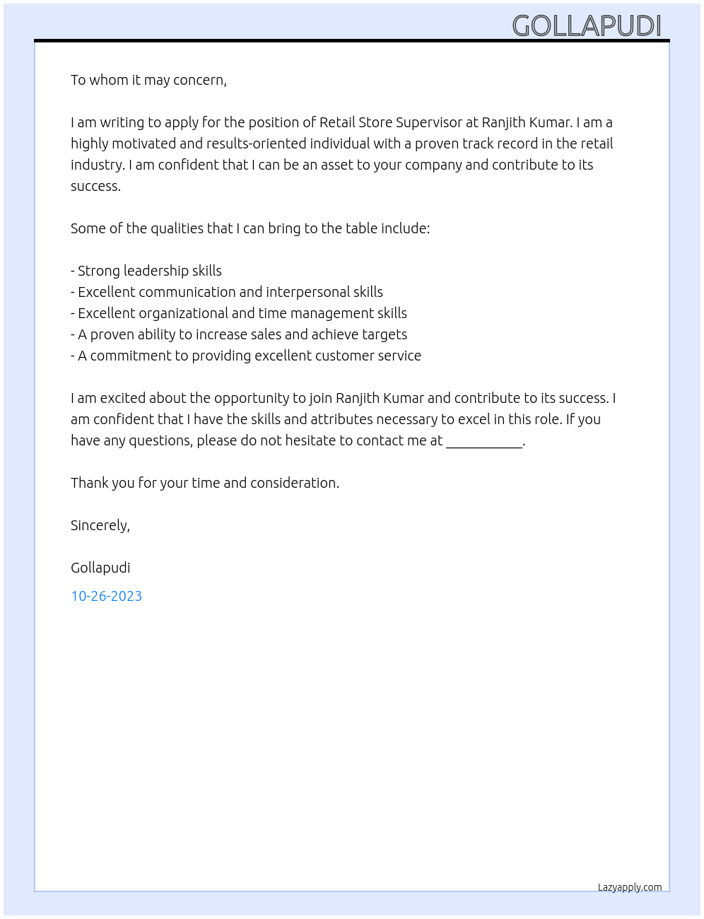 Retail store supervisor  At Ranjith Kumar Cover Letter
