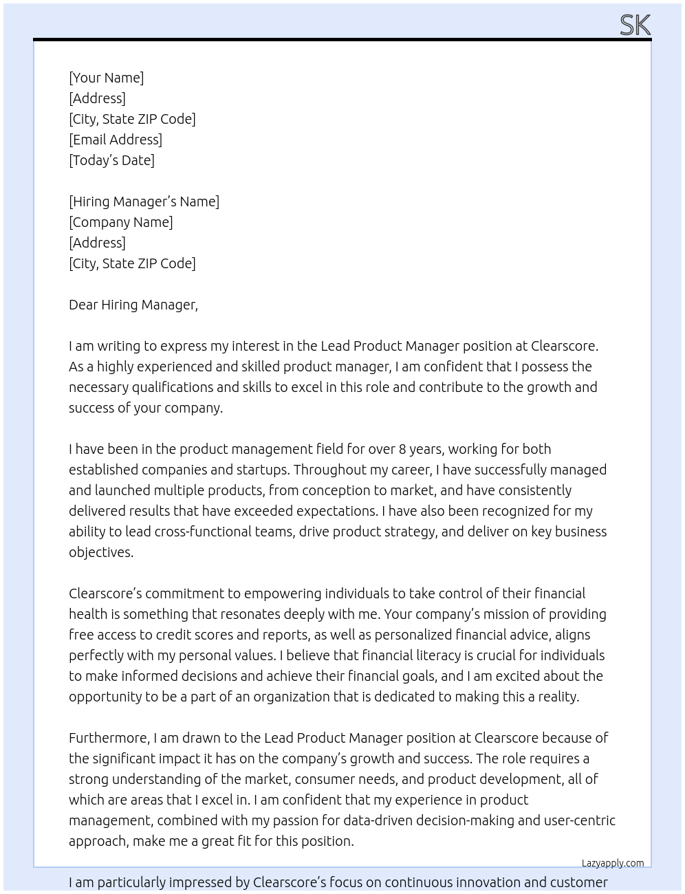 Lead Product Manager At Clearscore Cover Letter