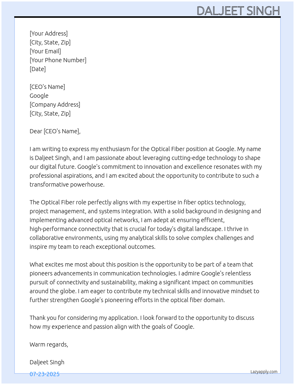Cover letter for optical fiber - LazyApply