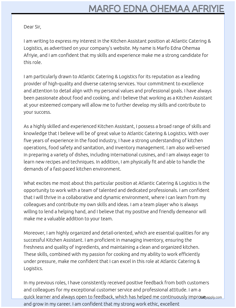 Kitchen Assistant At Atlantic Catering & Logistics Cover Letter