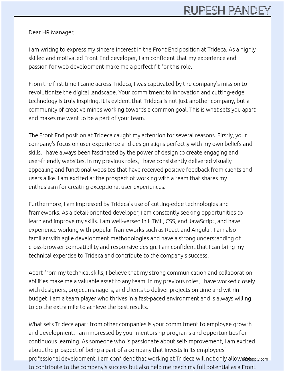 Front End At Trideca Cover Letter