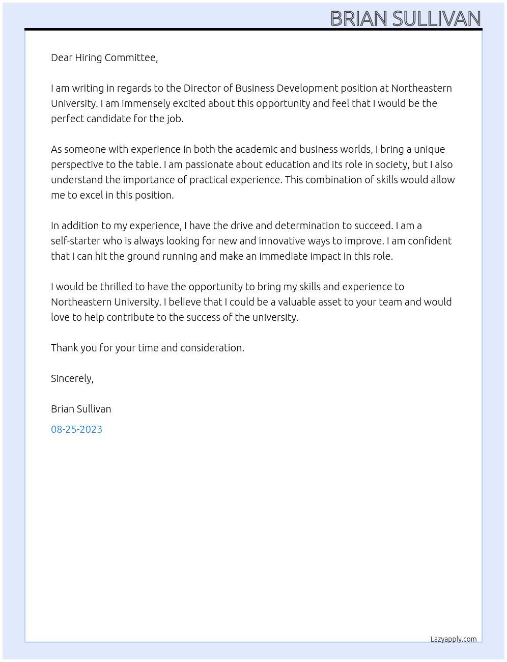 Director of Business Development At Northeastern University Cover Letter