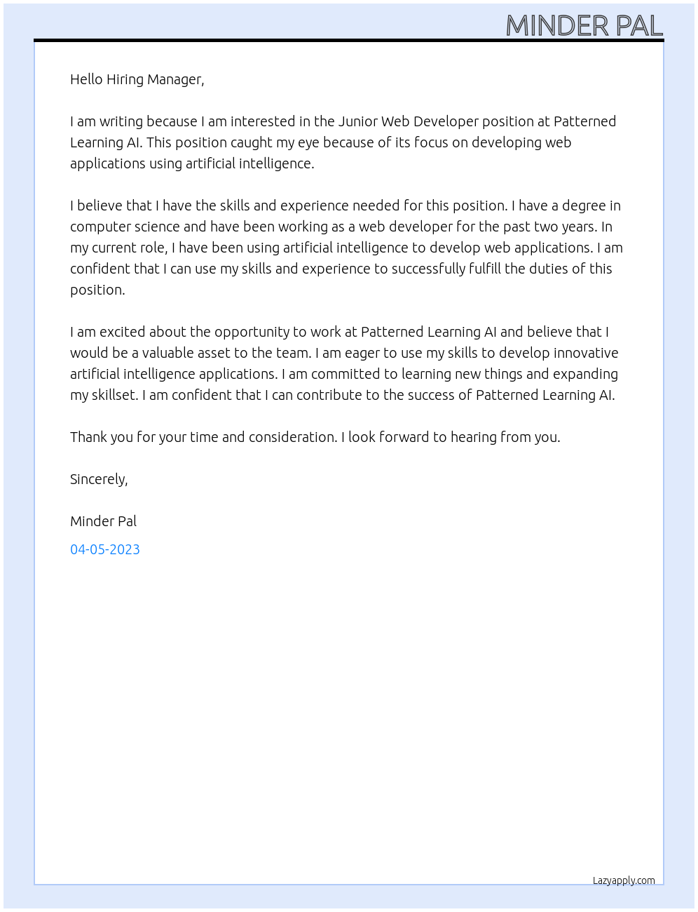 Junior Web Developer At Patterned Learning AI Cover Letter