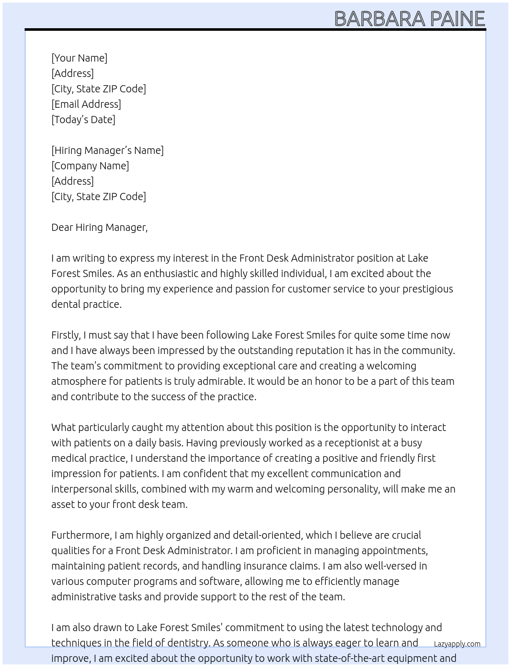 Front Desk Administrator At Lake Forest Smiles Cover Letter