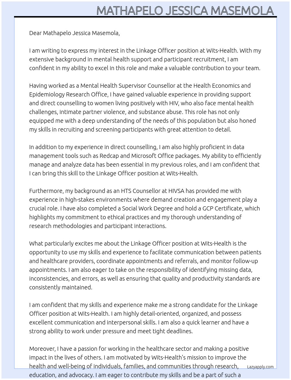 Linkage Officer At Wits-Health  Cover Letter