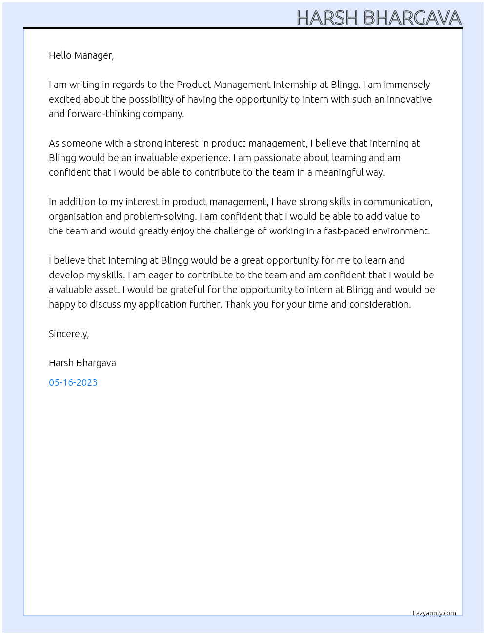 Product Management Internship At Blingg Cover Letter