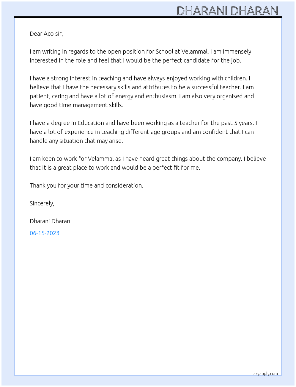 School At Velammal Cover Letter