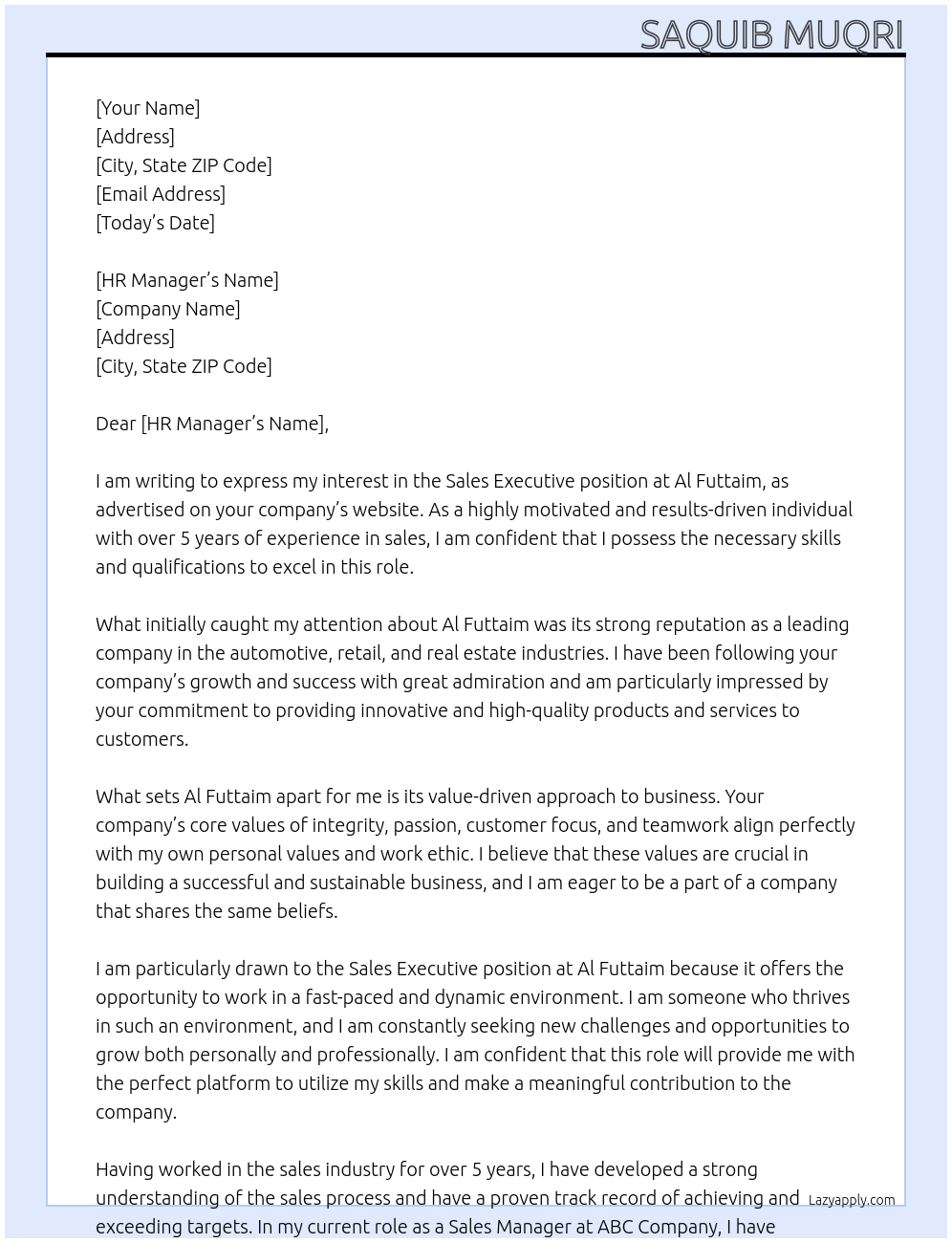 Sale executive At Al Futtaim Cover Letter