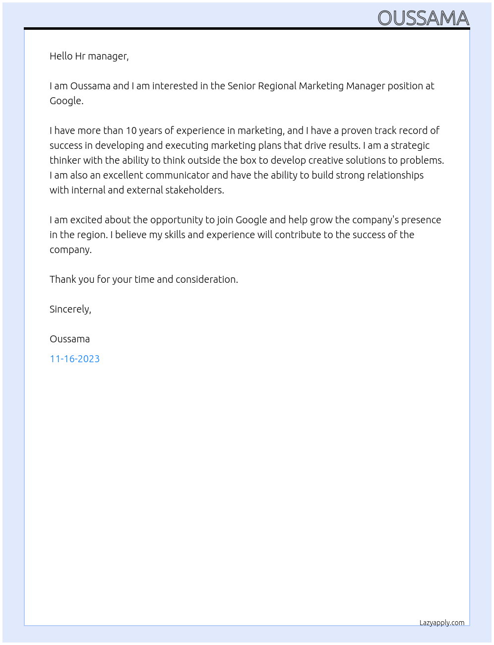 Senior Regional Marketing Manager At Google Cover Letter