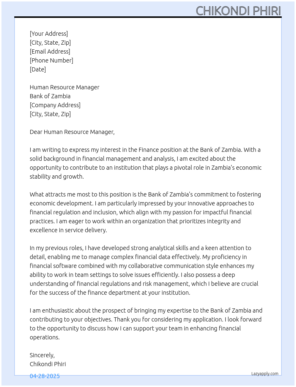 Finance At Bank of Zambia Cover Letter