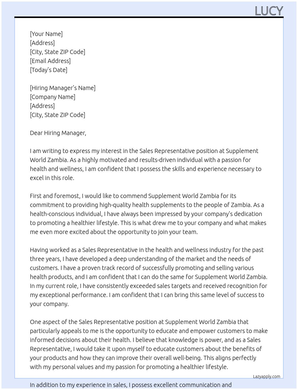 Sales representative At Supplement world zambia Cover Letter
