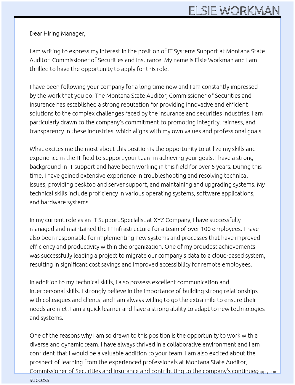 IT Systems Support At Montana State Auditor, Commissioner of Securities and Insurance Cover Letter