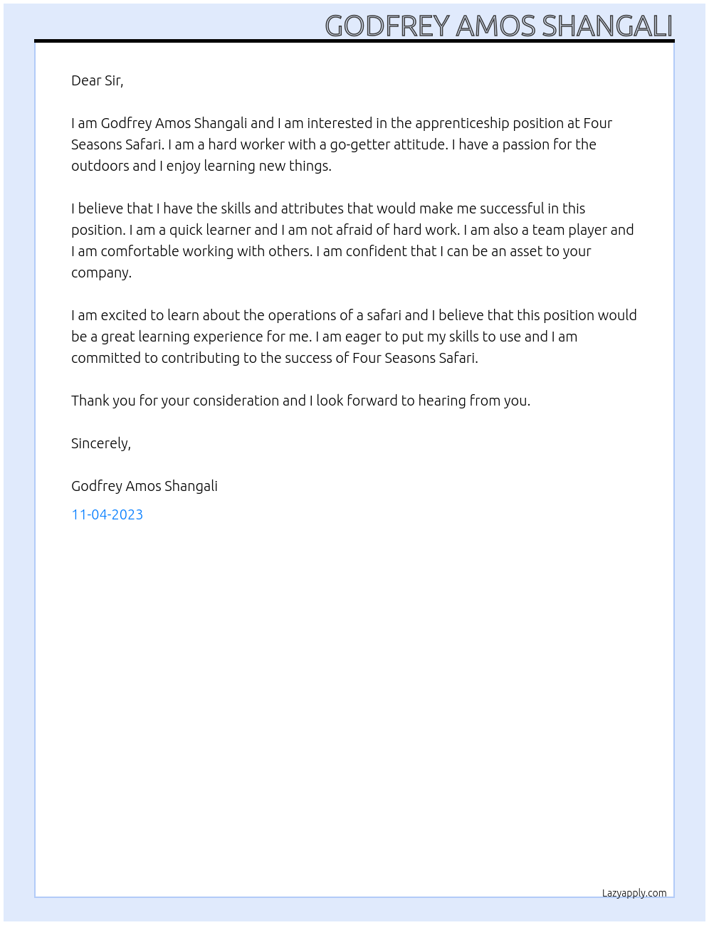 Apprenticeship At Four seasons safari Cover Letter