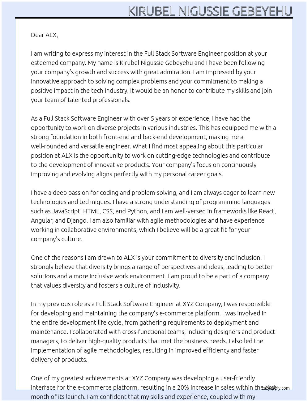 Full Stack Software Engineer At ALX Cover Letter