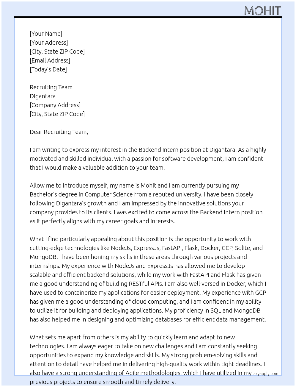 Backend Intern At Digantara Cover Letter