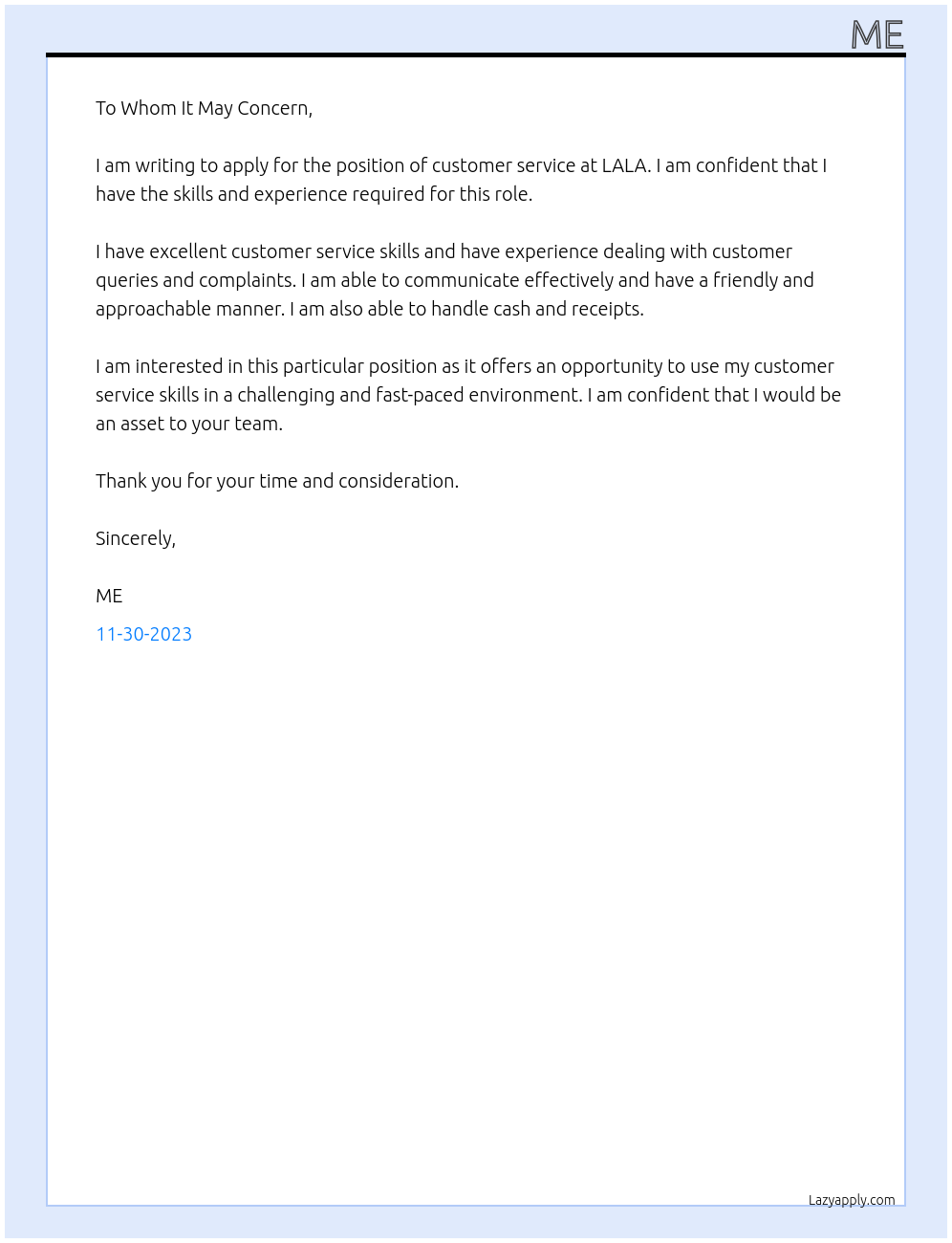 CUSTOMER At LALA Cover Letter