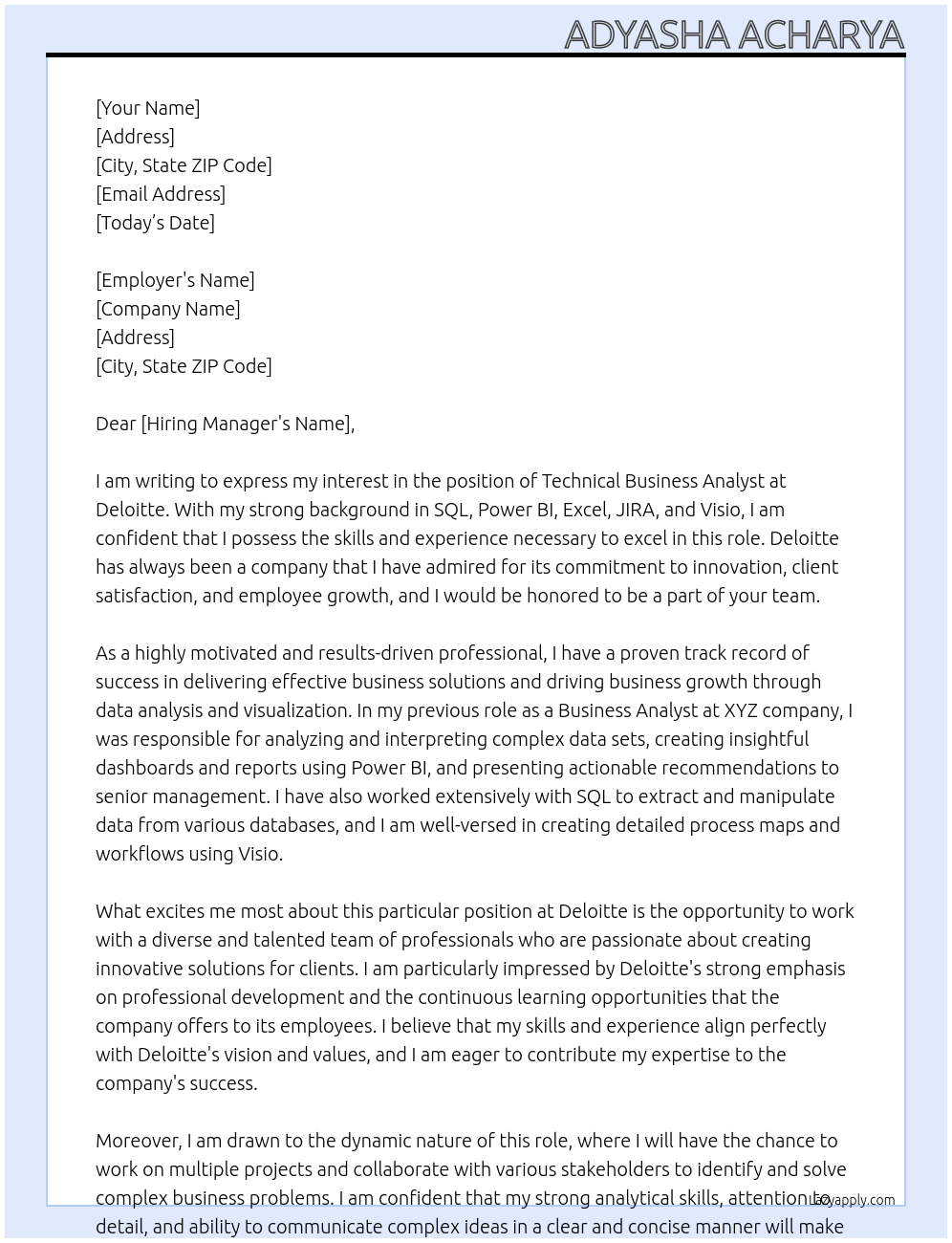 Technical Business Analyst At Deloitte Cover Letter