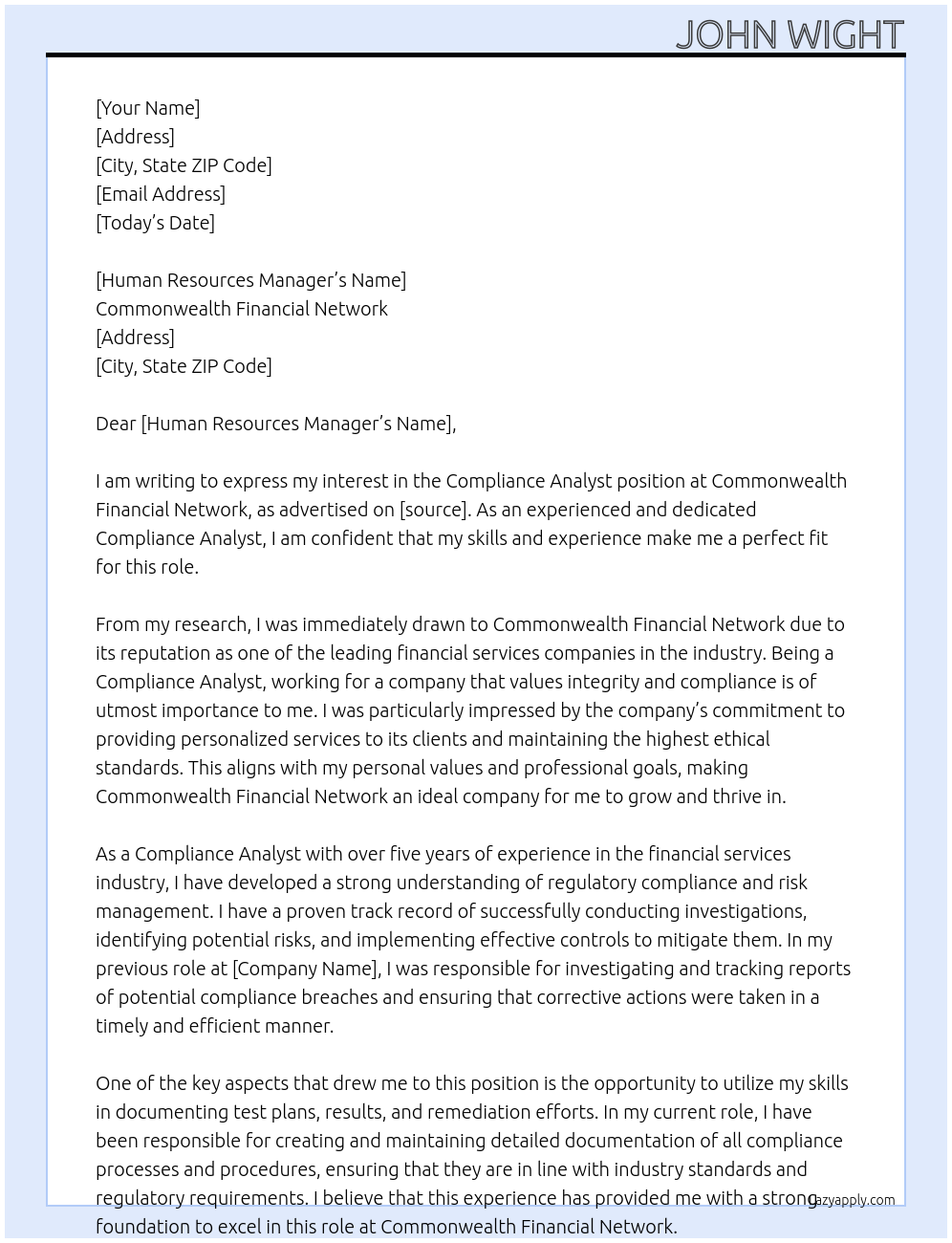 Compliance Analyst At Commonwealth Financial Network Cover Letter