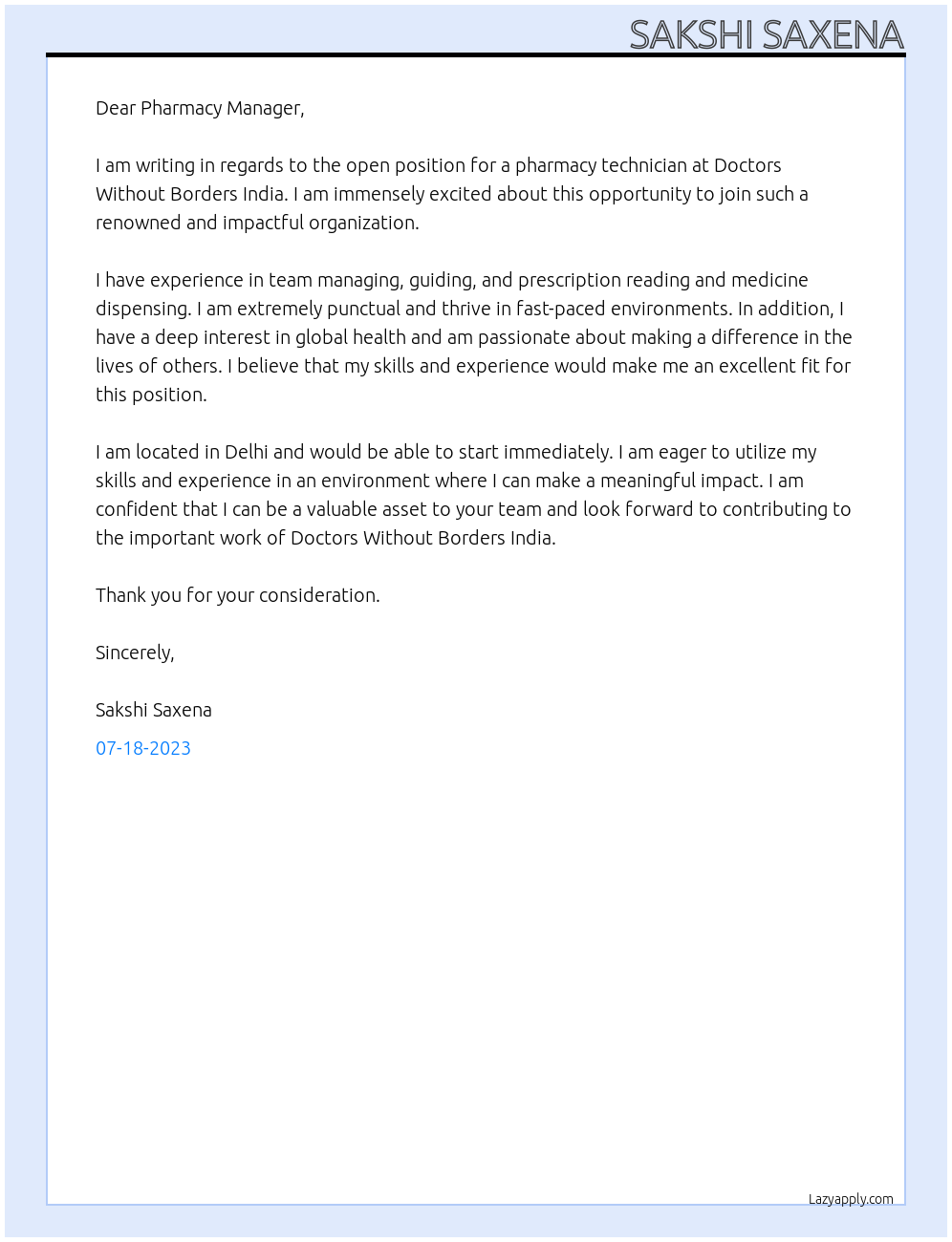 PHARMACY TECHNICIAN  At DOCTORS WITHOUT BORDERS INDIA Cover Letter