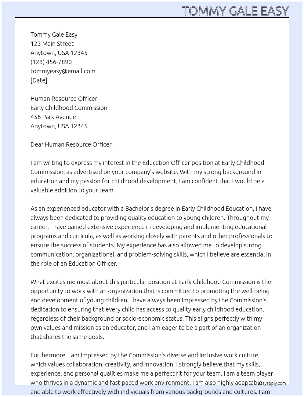 Education Officer At Early Childhood Commission Cover Letter
