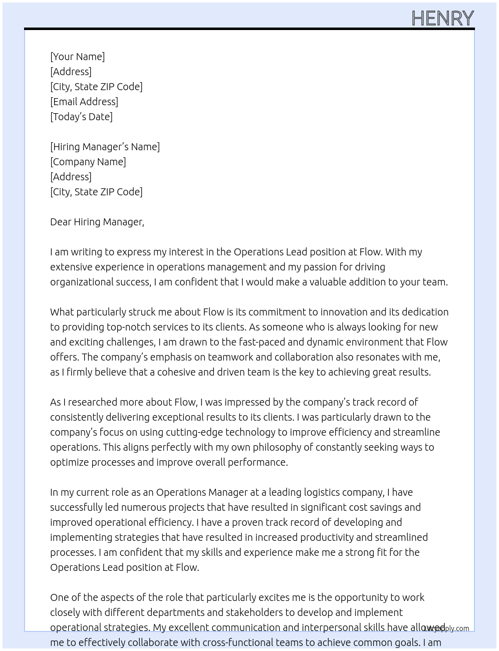 Operations Lead At Flow Cover Letter