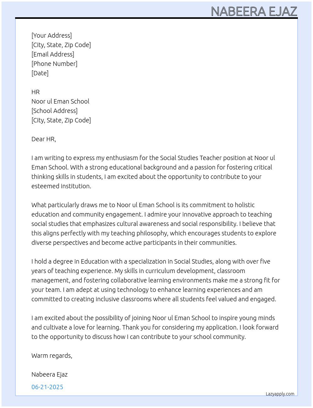 Cover letter for social studies teacher - LazyApply