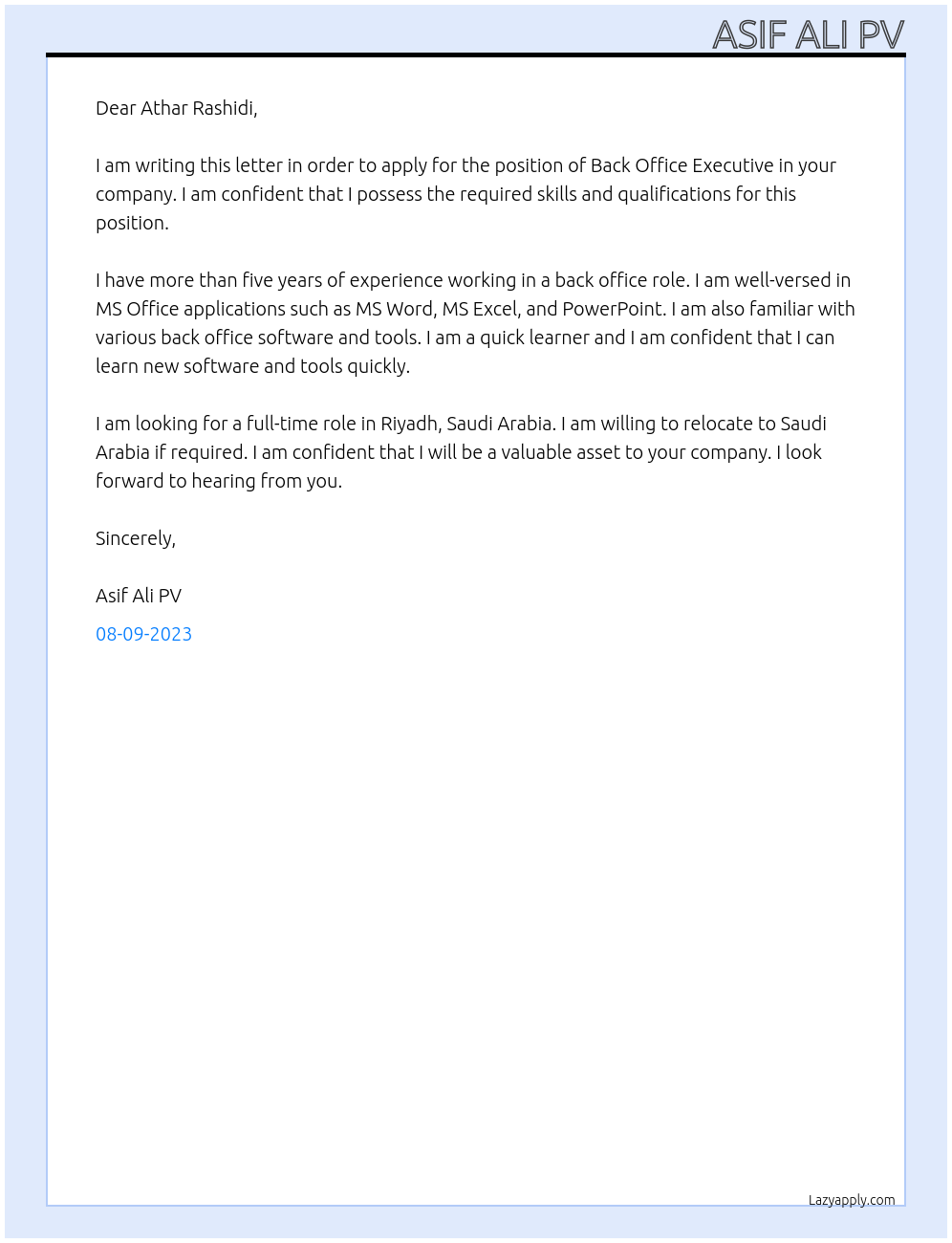 Back office executive At Athar rashidi Cover Letter